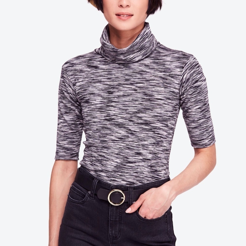 Free People Women's Grey Space Dye 3/4 Sleeve Turtleneck Pullover Top S